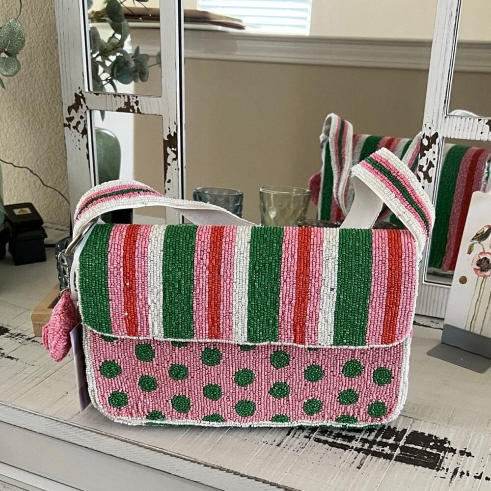 NWT Handcrafted India Beaded Purse Pink Green Striped Artsy Charm Shoulder Bag - Picture 12 of 16
